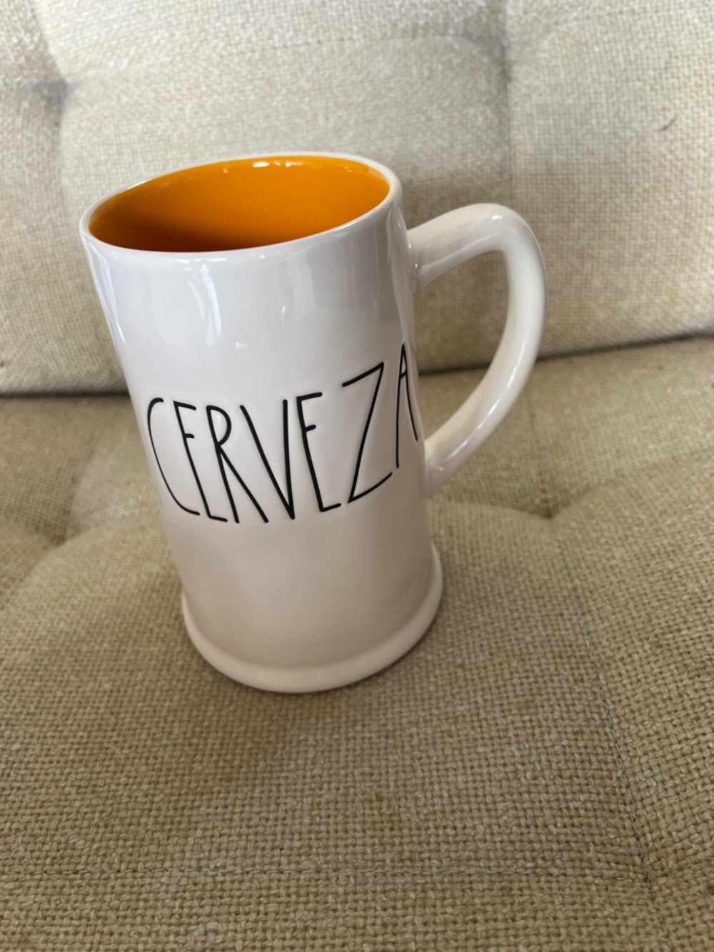 White Ceramic Mug with Orange Interior - 'CERVEZA' Lettering